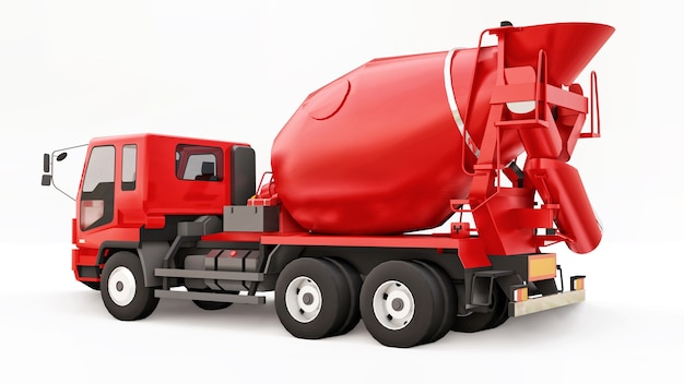 Red concrete mixer truck white surface