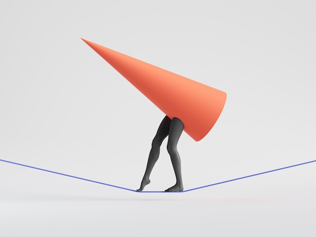 Red cone with black mannequin legs walks on rope