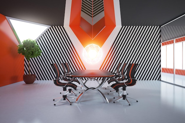 Red conference room with lamp