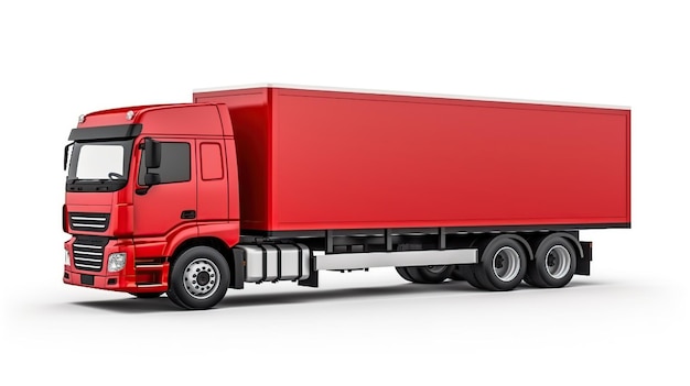 Red container truck side view isolated background AI generated image