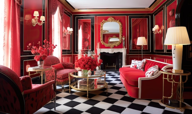 Red Contemporary Victorian Living Room Created using generative AI tools