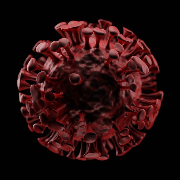 Red Coronavirus. Microscope virus close up