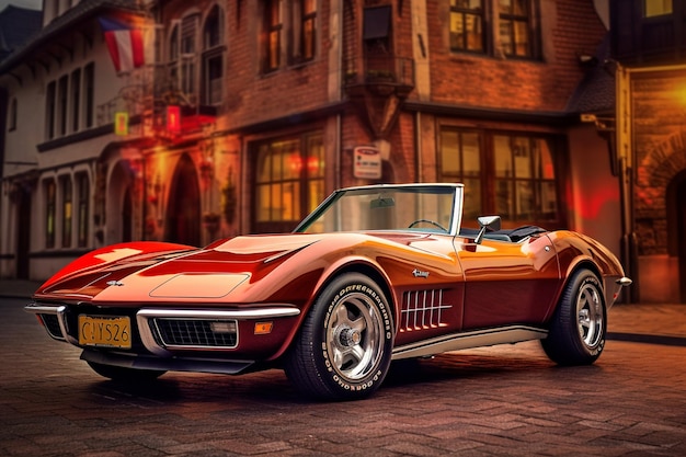 A red corvette convertible is parked on a brick street in front of a brick building.