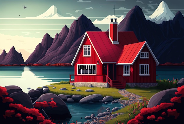 Red cottage next to cliffs and mountains