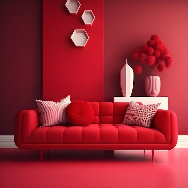 A red couch in a living room with a vase on the table.