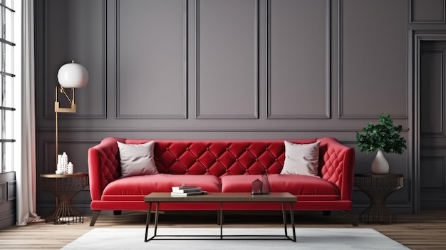 A red couch in a living room with a wooden coffee table.