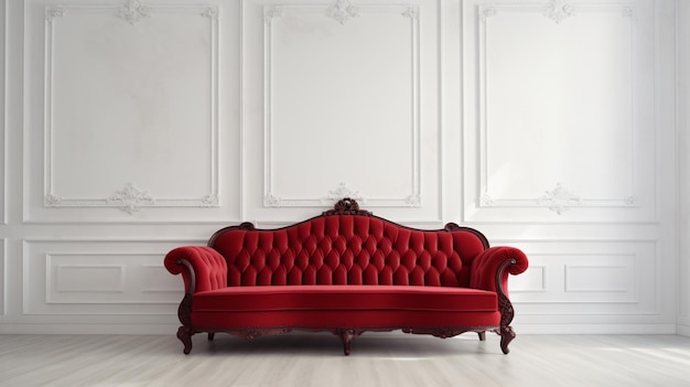 Red couch on white interior wall