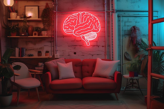 A red couch with a brain neon sign on it