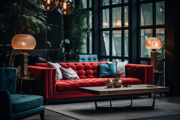 a red couch with pillows and a coffee table