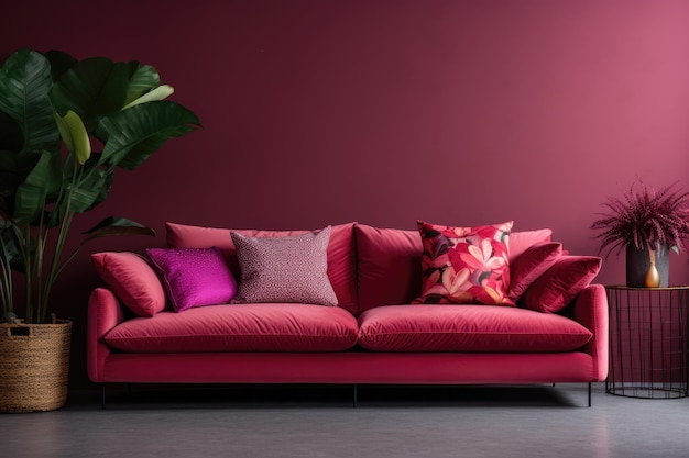 A red couch with a red pillow on it and a green plant in the corner.