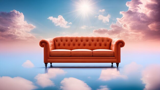 a red couch with a sky and clouds in the background