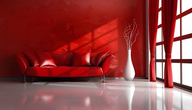 a red couch with a vase and a red couch in front of a red wall