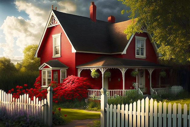 Red country house with terrace enclosed by white picket fence