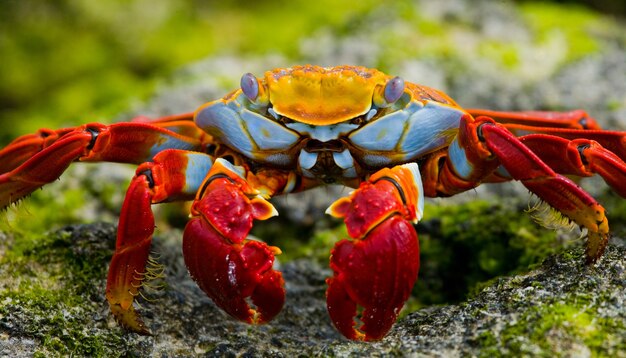 Red crab is sitting on the rocks