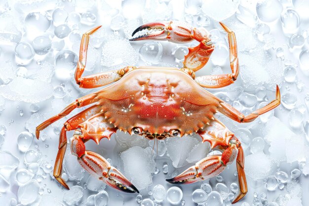 Red crab lying on ice seafood motif Isolated on solid white background