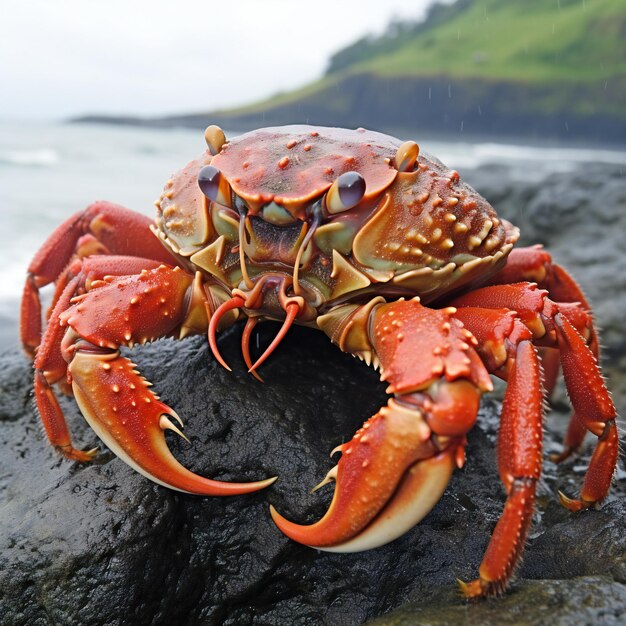 Photo red crab on the rocks at the coast of the azores portugal