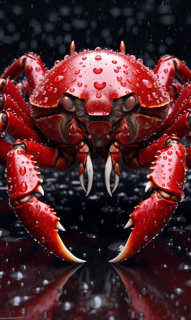 A red crab with water droplets on its face