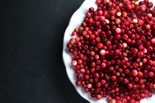 Red cranberries on a ceramic white plate on a gray background free space