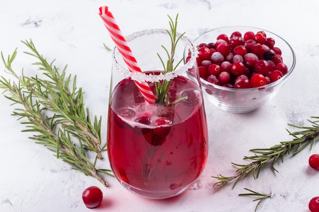 Red cranberry rosemary cocktails with raw fruits