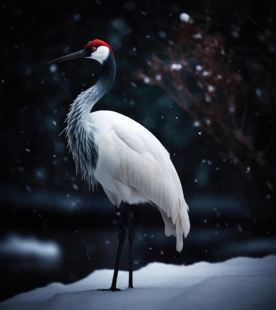 red crane in the snow