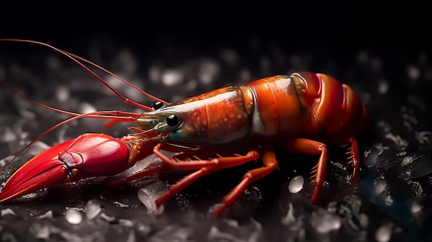 A red crayfish is on a black background