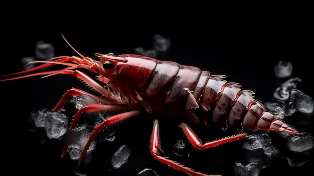 A red crayfish is on a black background