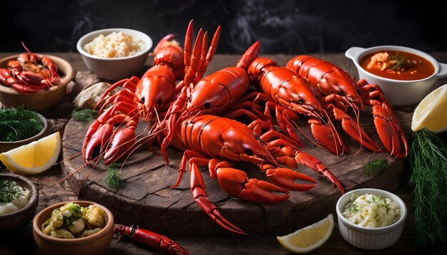 Red crayfish with dill bay leaf and lemon in a plate