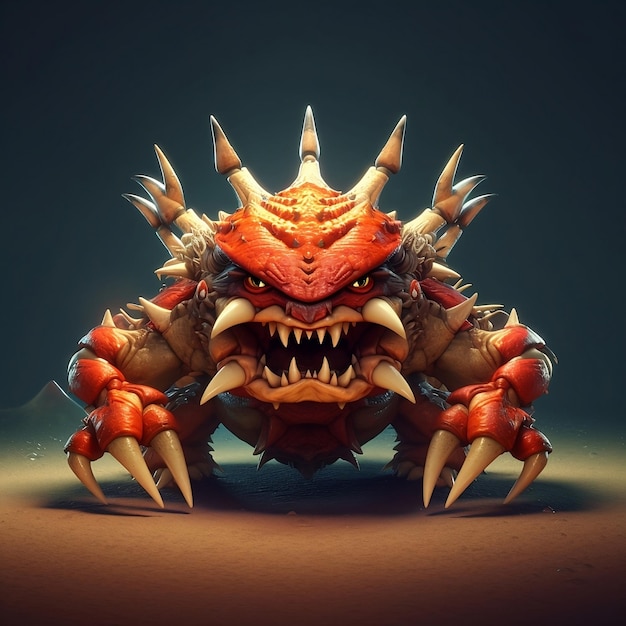 A red creature with sharp teeth and a red face with sharp spikes on its face.