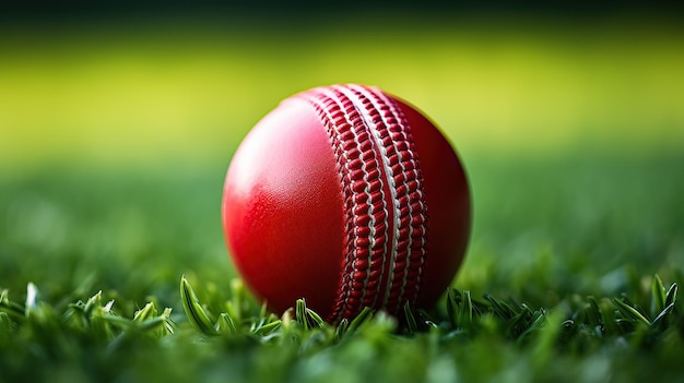 Red Cricket Ball with Prominent Seams on a Green Pitch