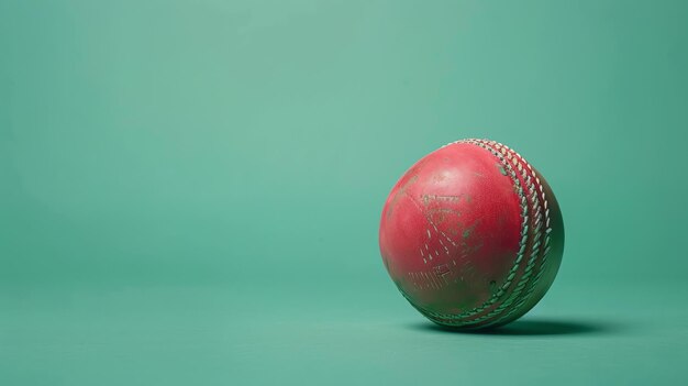 Foto una palla di cricket rossa con una cucitura è seduta su una superficie verde la palla è vecchia e sfregata