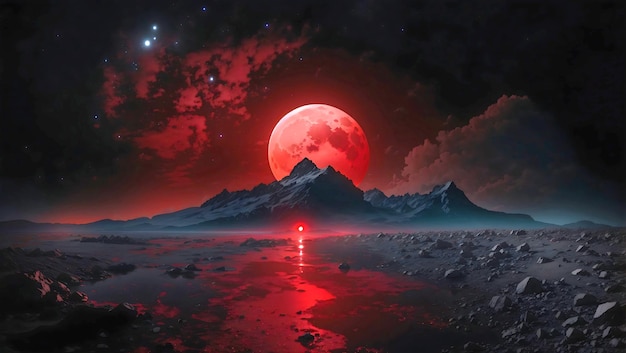 A Red Crimson Moon Over The Black Mountains Generative Ai Generated