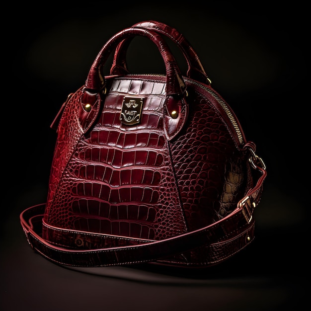 A red crocodile handbag with gold buckles and a gold buckle.