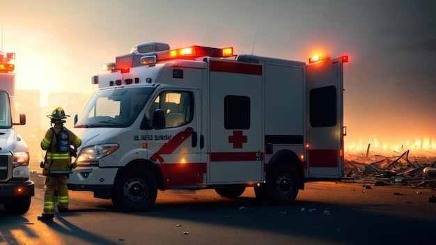 A red cross ambulance is parked in front of a sunset.