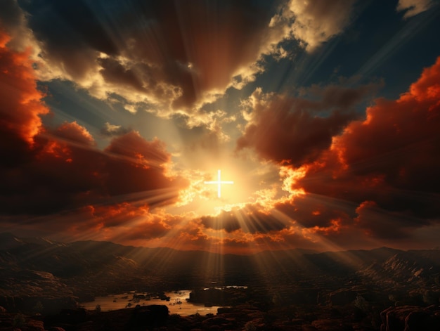 A Red Cross for Jesus logo on an expansive heavenly sky background with a sunbeam streaming through