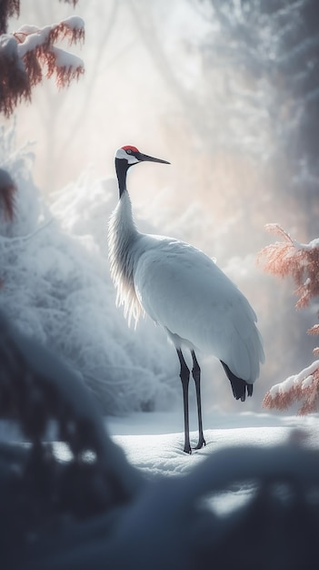 A red crowned crane stands in the snow