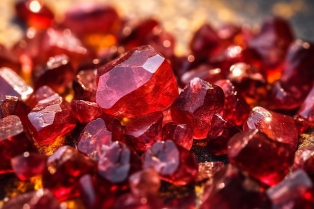 Red crystals of quartz on a wooden background Closeup