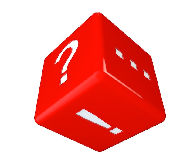 Red cube met vraag, uitroeptekens en stippen op een witte achtergrond