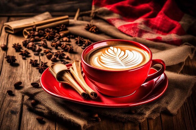 Photo a red cup of cappuccino with cinnamon sticks on a table