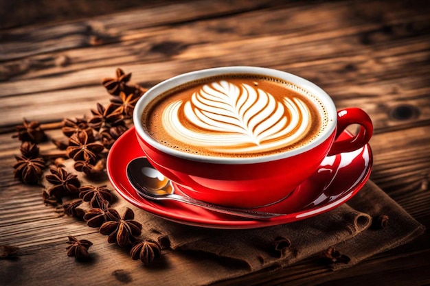 a red cup of cappuccino with coffee beans on a wooden background