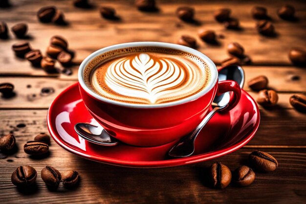 a red cup of cappuccino with coffee beans on a wooden table