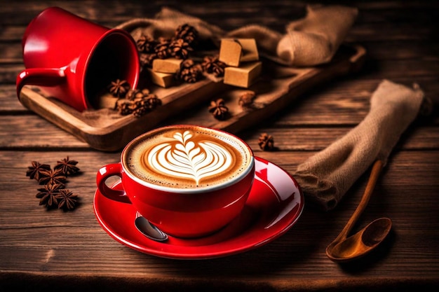 a red cup of cappuccino with a spoon and a spoon on a wooden table