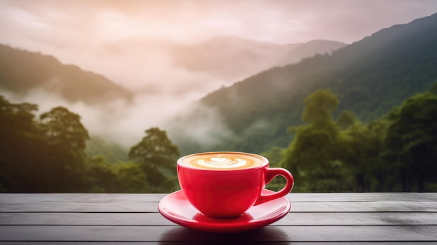 A red cup of coffee sits on a wooden table with a mountain view in the background.