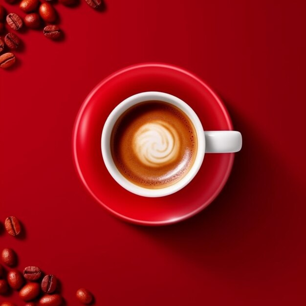 a red cup of coffee with coffee beans on a red background.