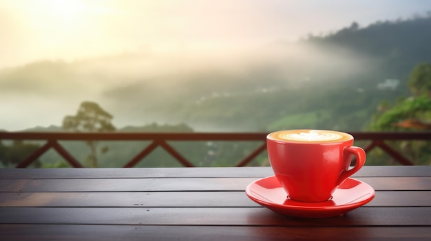 A red cup of coffee on a wooden table with a view of the mountains in the background