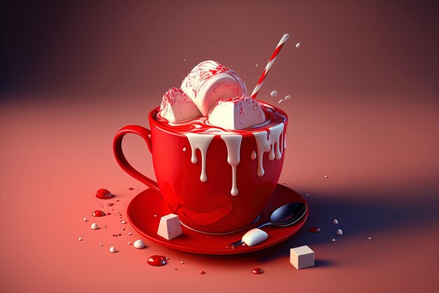 A red cup filled with melting marshmallow and hot chocolate