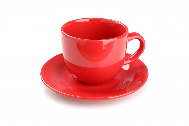 Photo red cup and plate isolated on white. kitchen, serving