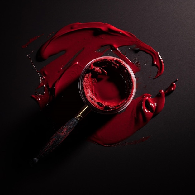 Foto una tazza rossa di liquido rosso con un manico e un coltello sul lato.