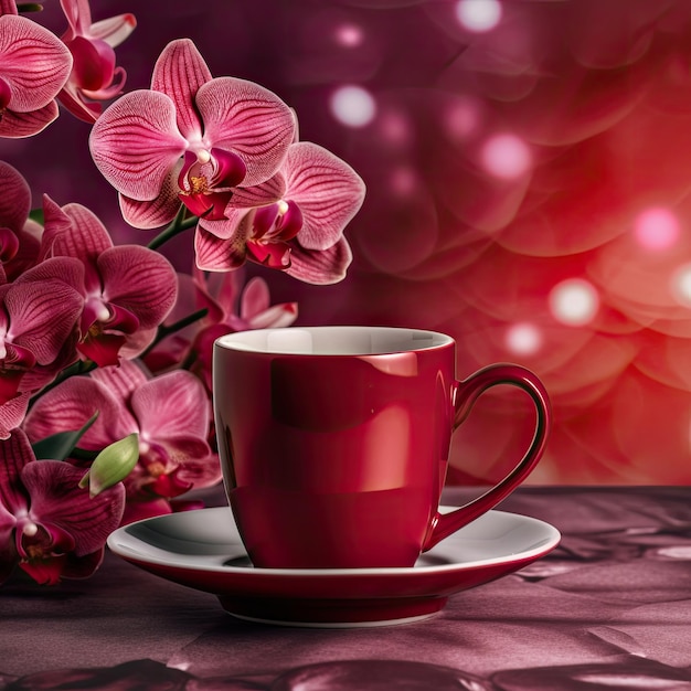 A red cup and saucer with a bunch of orchids on it