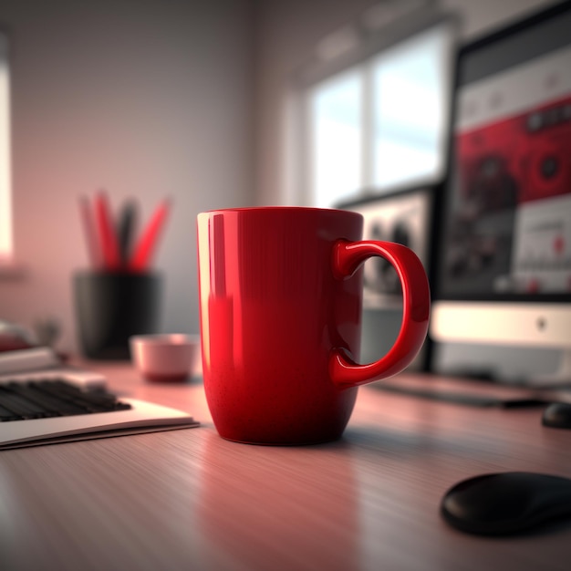 A red cup sits on a desk with a keyboard and a monitor.