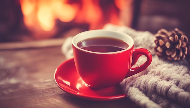 Red cup of tea or coffee near fireplace on wooden table